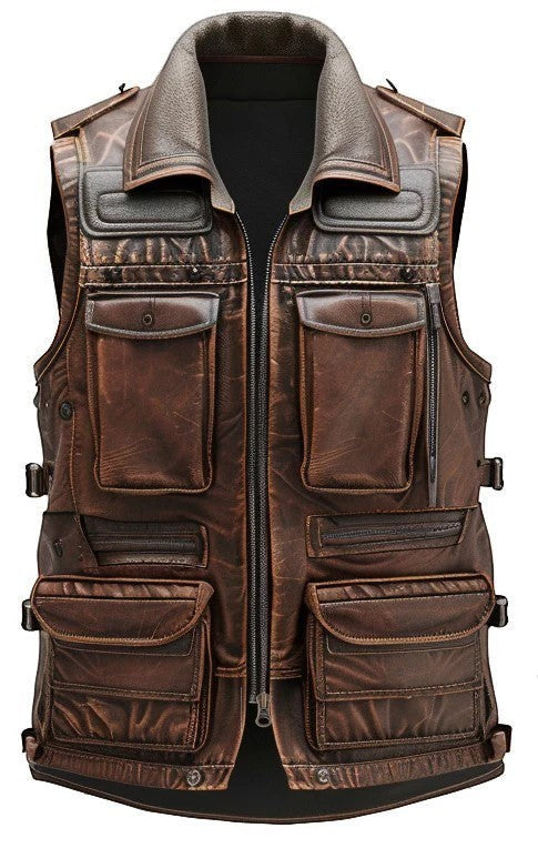Scarlett Stitch brown distressed leather utility vest with multiple pockets, zip closure, and rugged vintage finish.