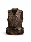 Scarlett Stitch brown distressed leather utility vest with multiple snap-button pockets and adjustable waist belt.