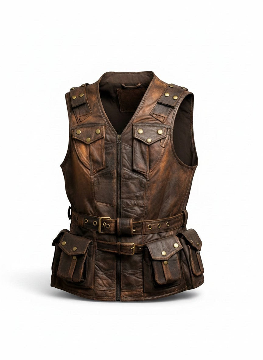 Scarlett Stitch brown distressed leather utility vest with multiple snap-button pockets and adjustable waist belt.