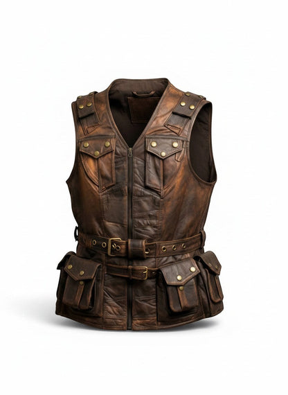 Scarlett Stitch brown distressed leather utility vest with multiple snap-button pockets and adjustable waist belt.