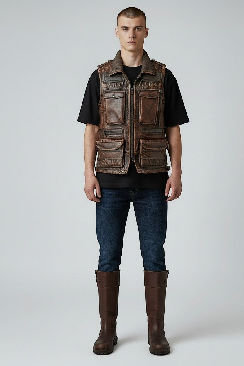 Model wearing a Scarlett Stitch brown distressed leather utility vest with multiple pockets and a zip-front closure.