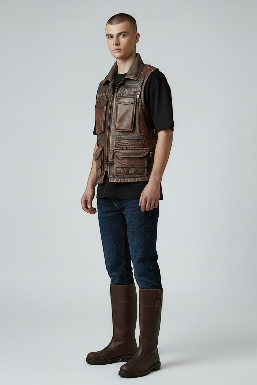 Model wearing a Scarlett Stitch brown distressed leather utility vest with multiple pockets and a zip-front closure.