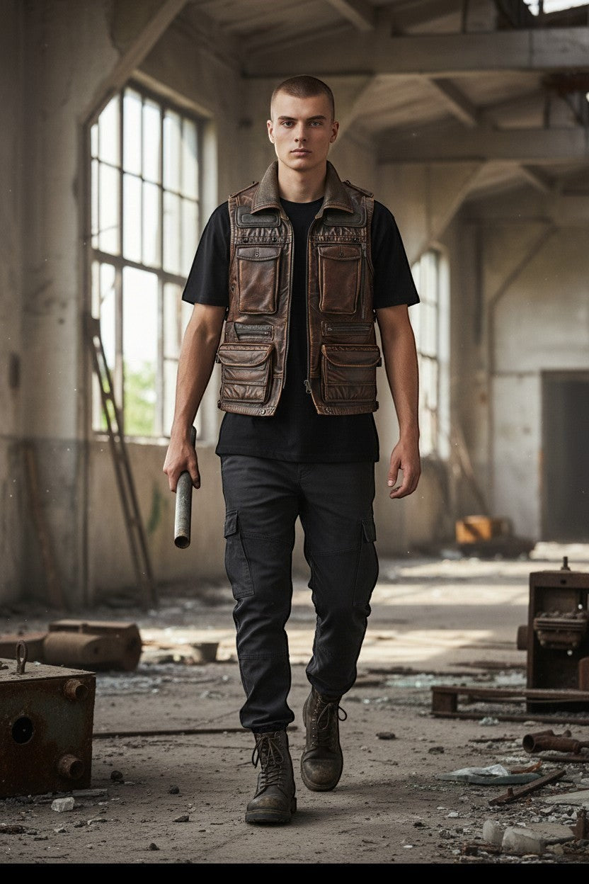 Man wearing a Scarlett Stitch distressed brown leather utility vest with multiple pockets in an industrial warehouse.