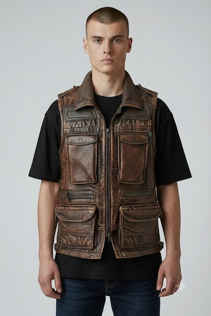 Model wearing a Scarlett Stitch brown distressed leather utility vest with multiple pockets and a zip-front closure.