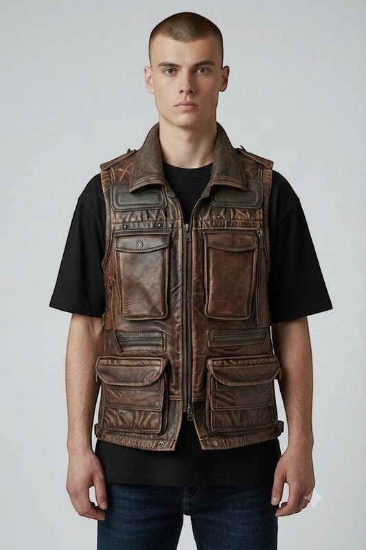 Model wearing a Scarlett Stitch brown distressed leather utility vest with multiple pockets and a zip-front closure.
