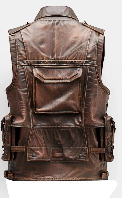 Scarlett Stitch brown distressed leather utility vest with multiple storage pockets and reinforced stitching.