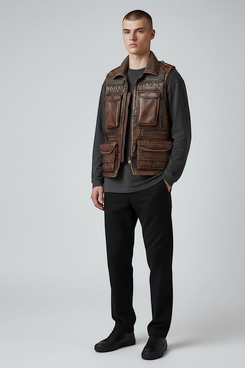 Model wearing a brown distressed leather utility vest by Scarlett Stitch with multiple pockets and zip closure.