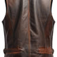 Scarlett Stitch distressed brown leather vest with V-neck, button front, and adjustable side tabs. Two flap pockets.