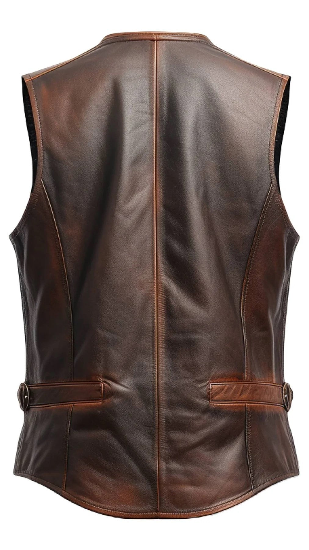 Scarlett Stitch distressed brown leather vest with V-neck, button front, and adjustable side tabs. Two flap pockets.