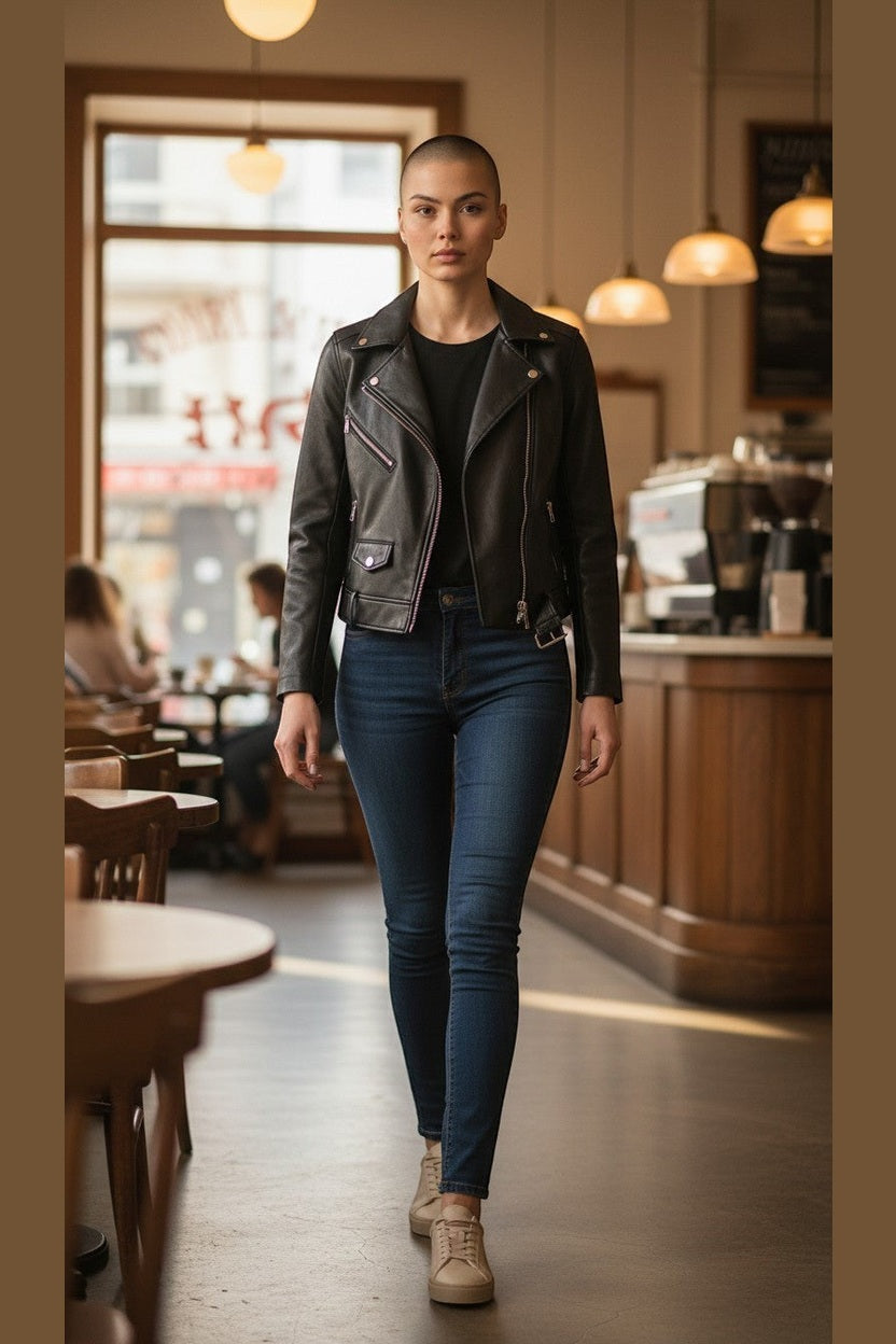 Scarlett Stitch black faux leather moto jacket with embroidered floral back detail, worn by a woman with a shaved head.