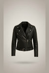 Scarlett Stitch black faux leather moto jacket with embroidered floral back detail, notched lapels, asymmetrical zip, and belt.