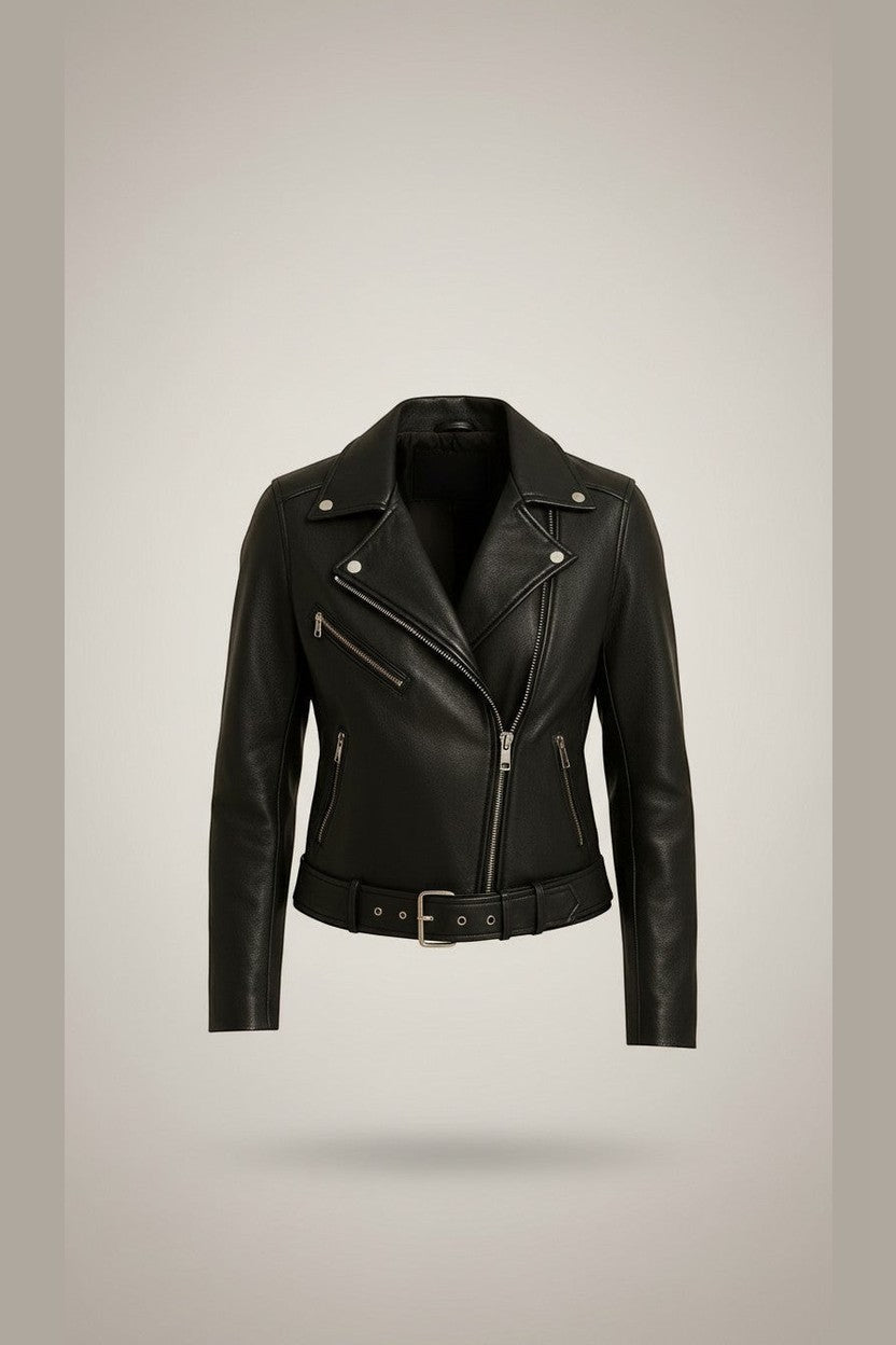 Scarlett Stitch black faux leather moto jacket with embroidered floral back detail, notched lapels, asymmetrical zip, and belt.