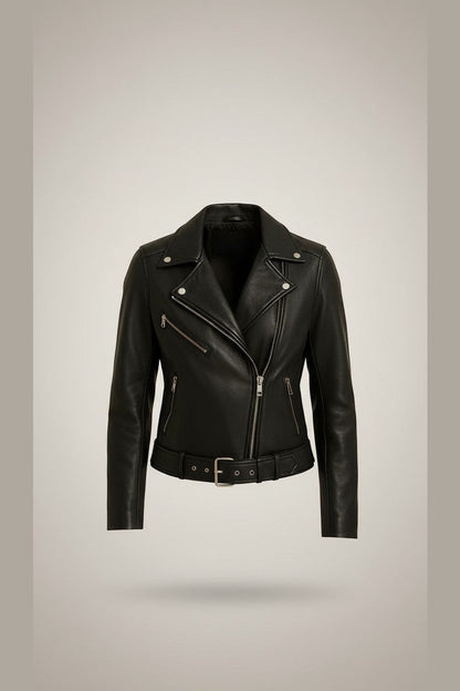 Scarlett Stitch black faux leather moto jacket with embroidered floral back detail, notched lapels, asymmetrical zip, and belt.