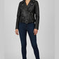 Scarlett Stitch black faux leather moto jacket with embroidered floral back detail, featuring asymmetrical zip and belt.