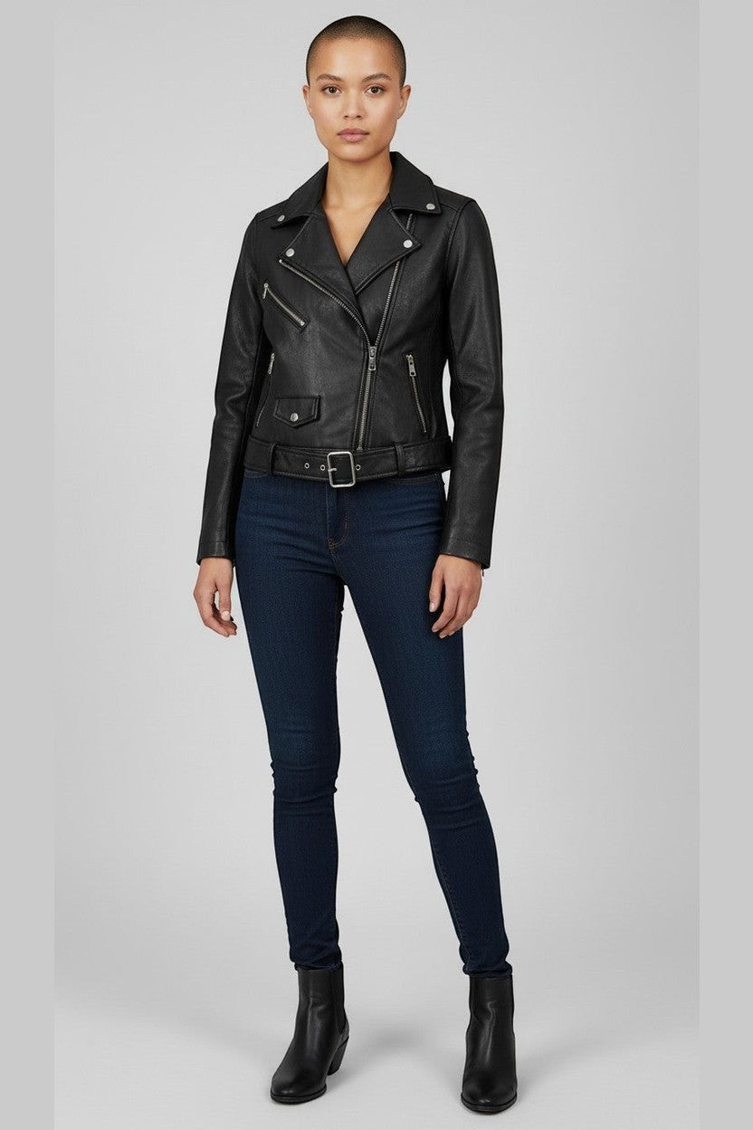 Scarlett Stitch black faux leather moto jacket with embroidered floral back detail, featuring asymmetrical zip and belt.