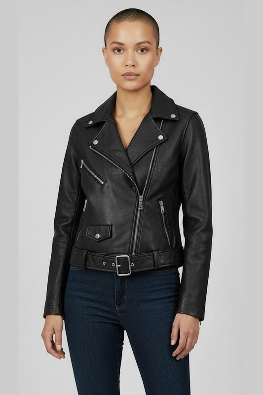 Scarlett Stitch black faux leather moto jacket with embroidered floral back detail, notched lapels, and belt.
