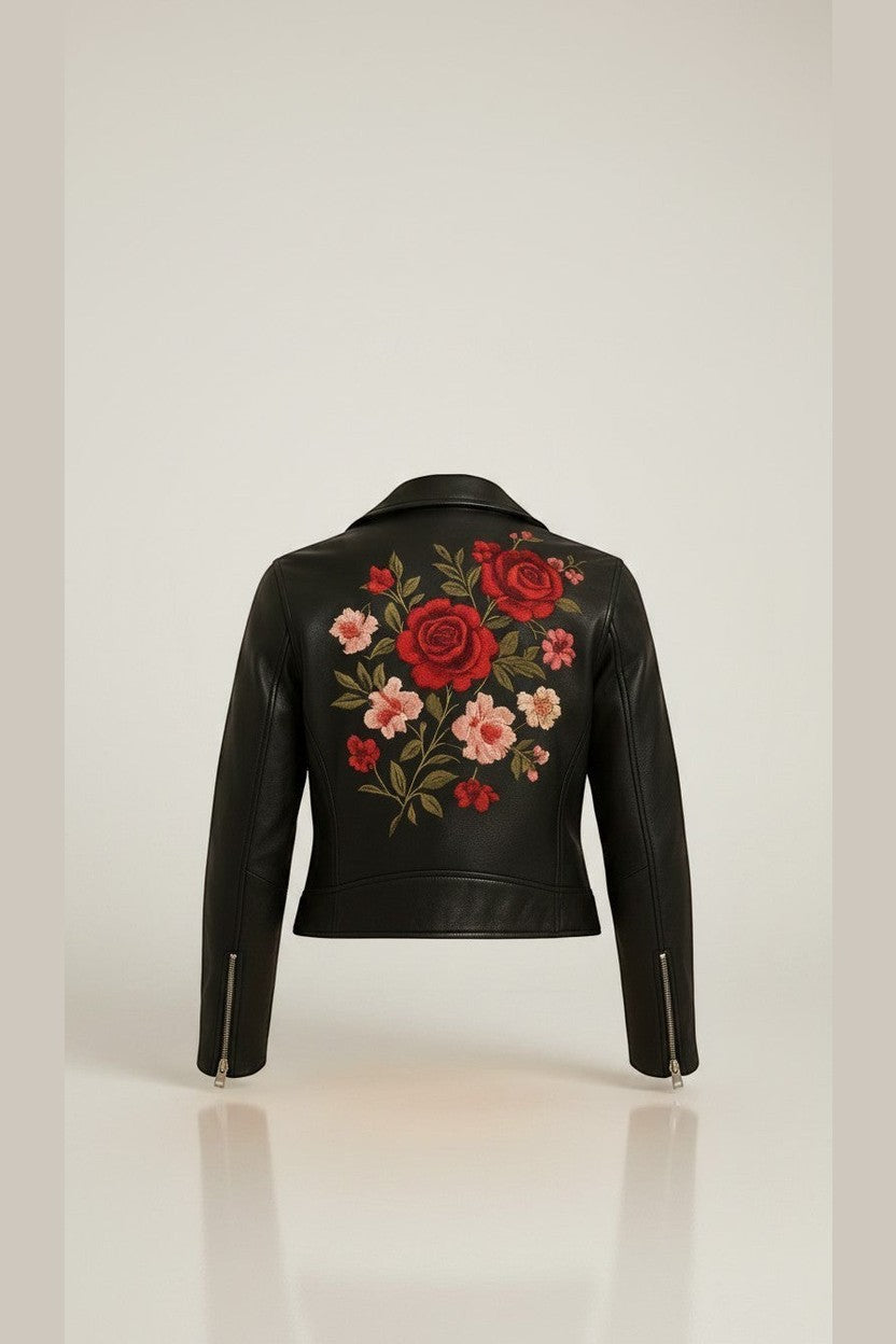 Scarlett Stitch black faux leather moto jacket with embroidered red and pink roses on the back. Features zippered cuffs.
