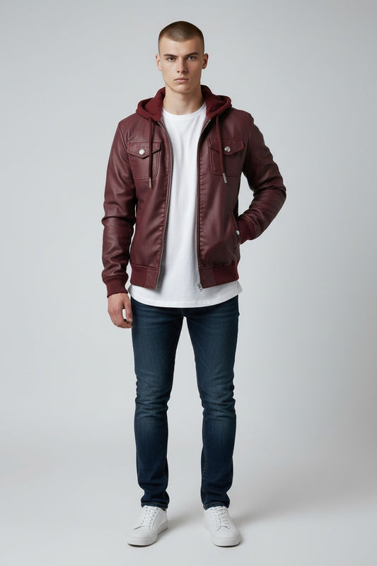 Scarlett Stitch burgundy faux leather hooded bomber jacket with zip front, chest pockets, and ribbed cuffs and hem.
