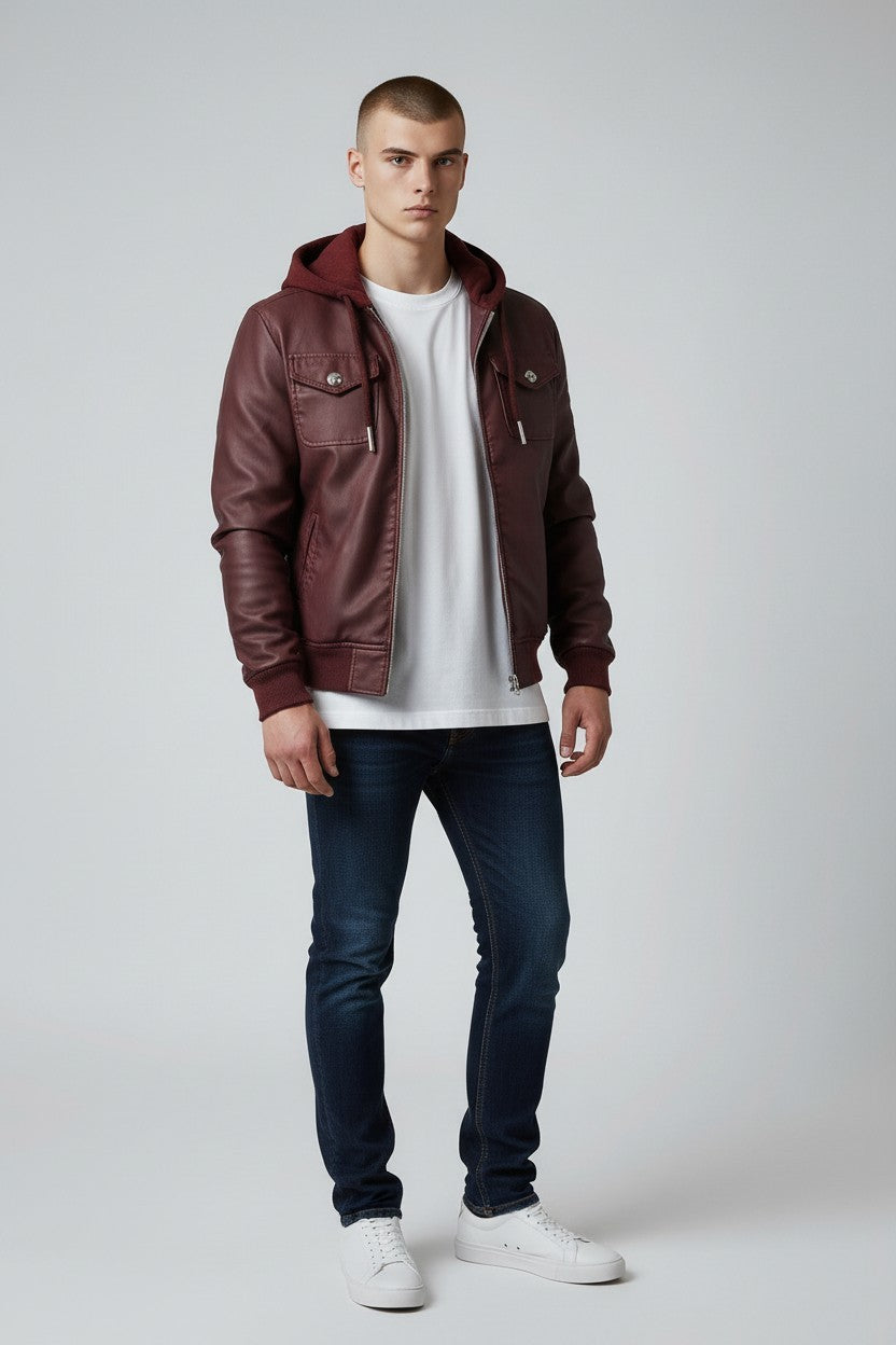 Scarlett Stitch burgundy faux leather hooded bomber jacket with zip front and chest pockets. Model wears white t-shirt and jeans.