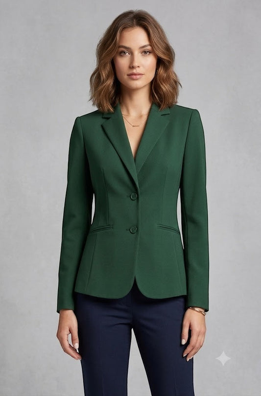 Scarlett Stitch women's tailored forest green blazer jacket with single-button closure and sharp lapels.