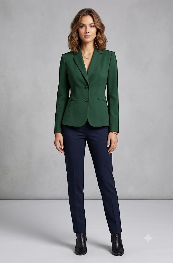 Scarlett Stitch women's forest green tailored blazer jacket with single-button closure and sharp lapels.