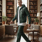 Scarlett Stitch forest green faux leather hooded bomber jacket with zip-front and ribbed cuffs on a man.