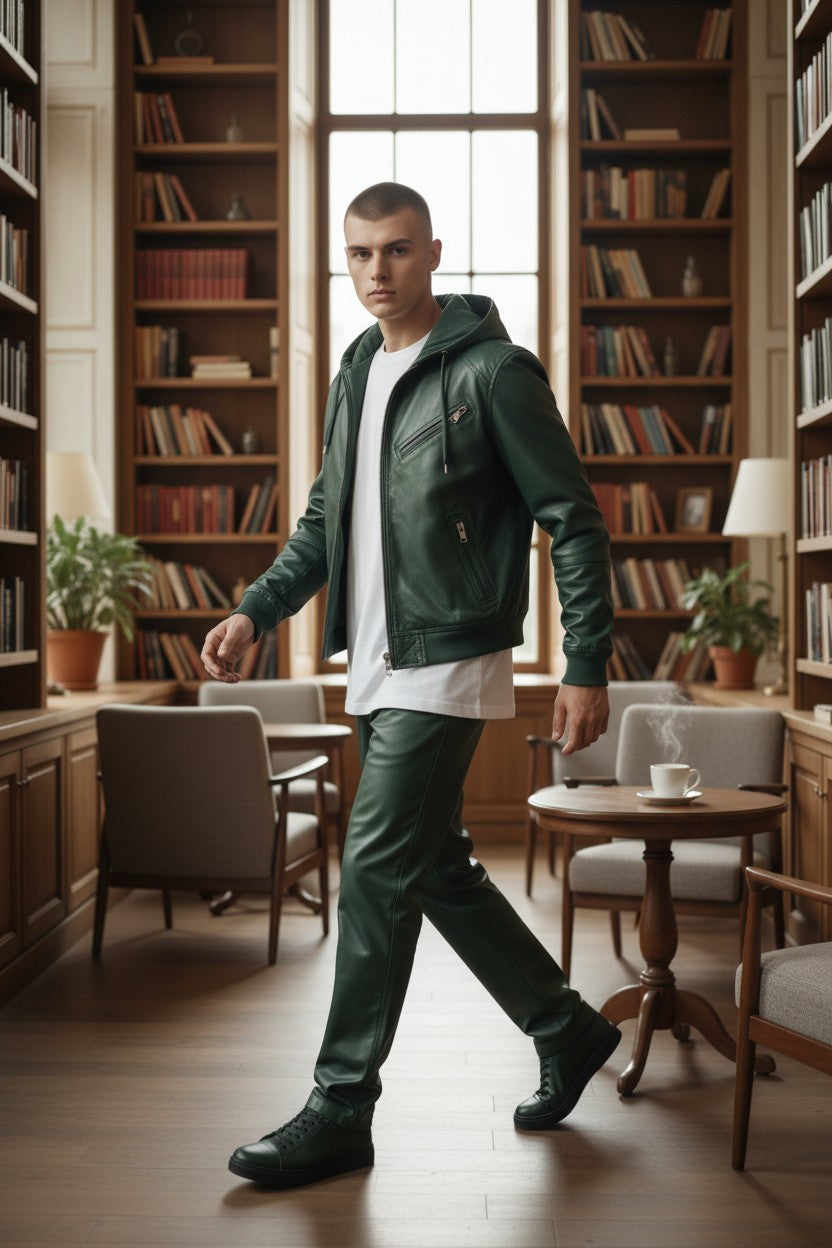 Scarlett Stitch forest green faux leather hooded bomber jacket with zip-front and ribbed cuffs on a man.