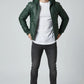 Scarlett Stitch forest green faux leather hooded bomber jacket with zip-front closure and ribbed cuffs.