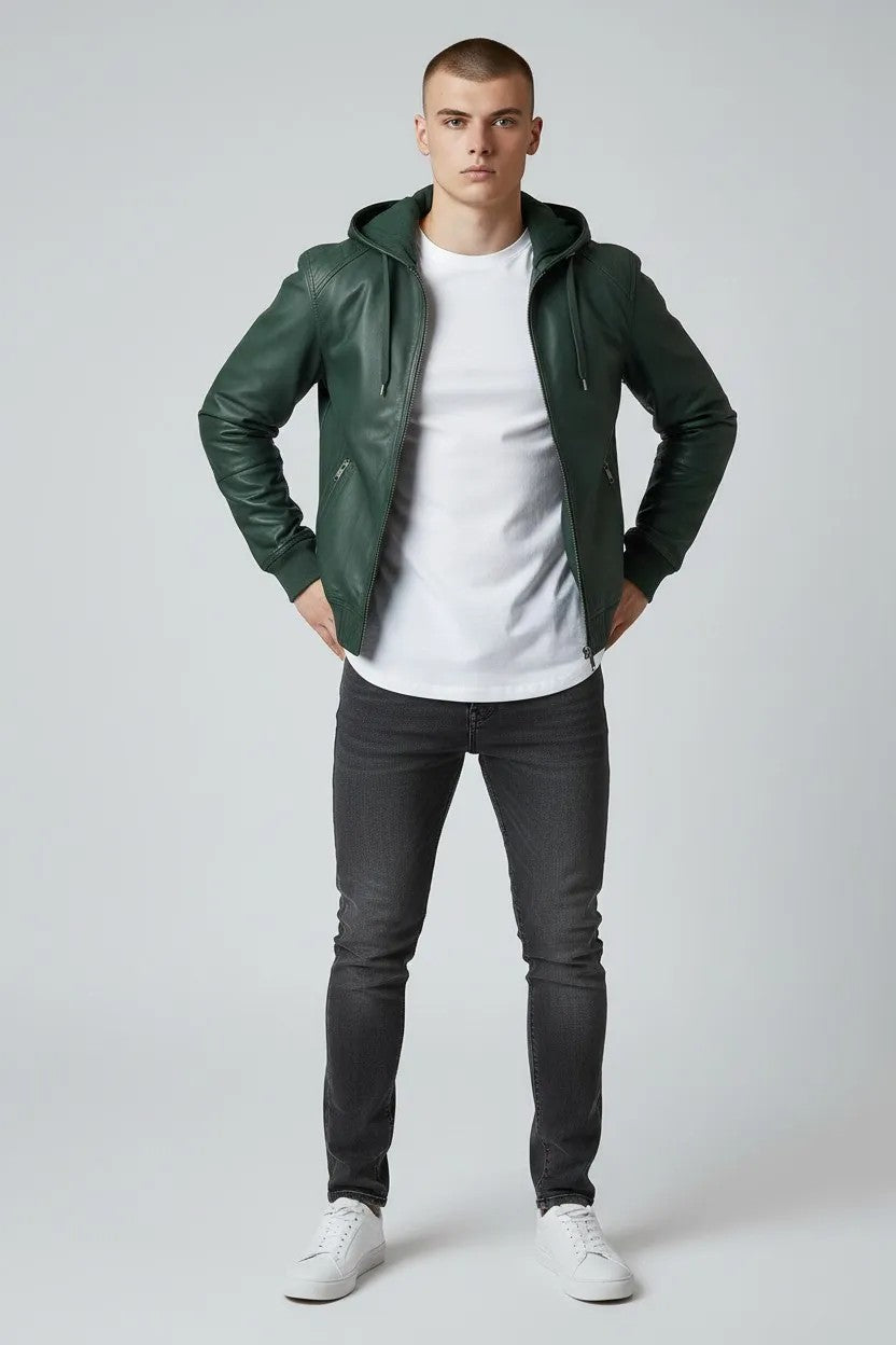 Scarlett Stitch forest green faux leather hooded bomber jacket with zip-front closure and ribbed cuffs.