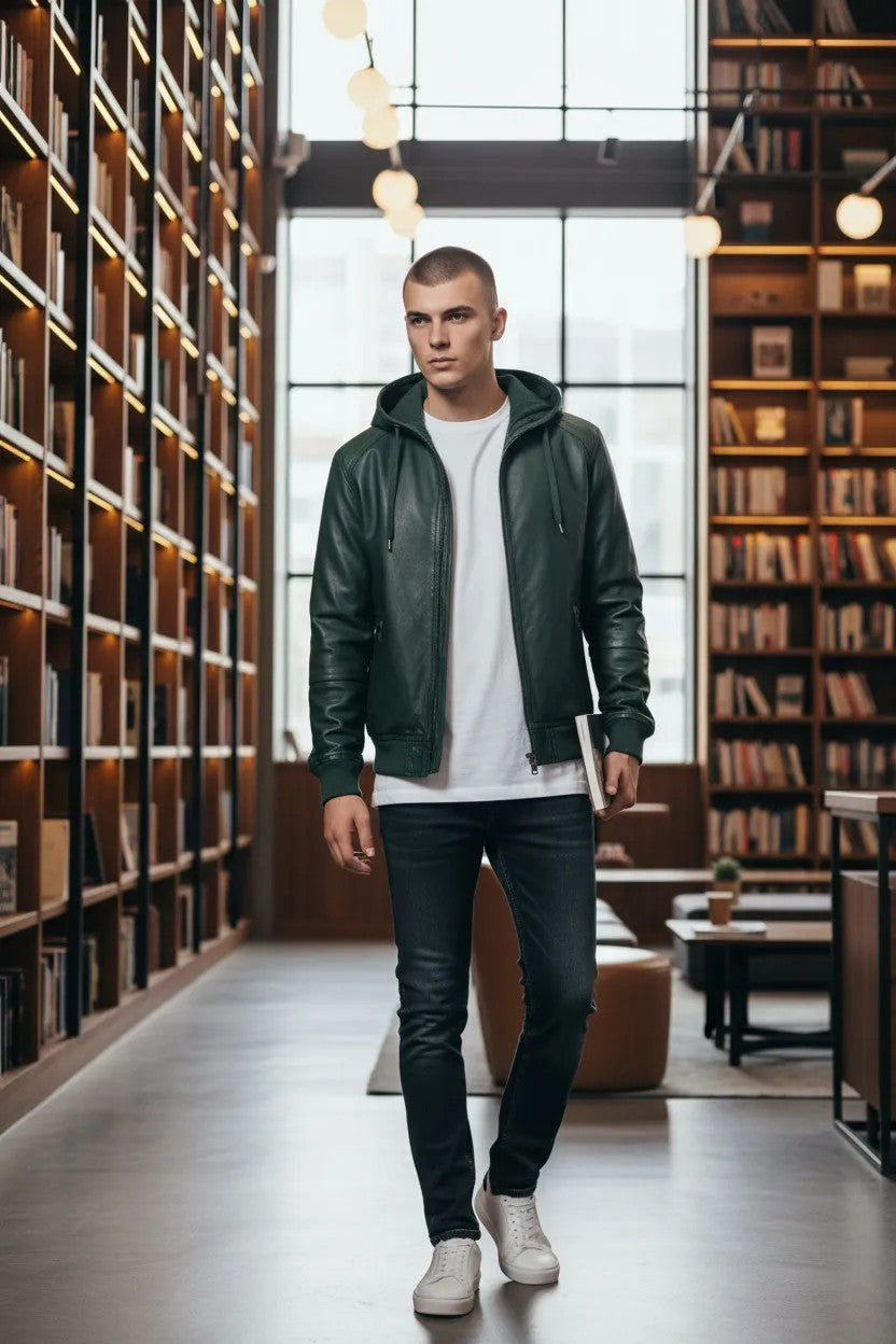 Scarlett Stitch forest green faux leather hooded bomber jacket with zip-front closure and ribbed cuffs.