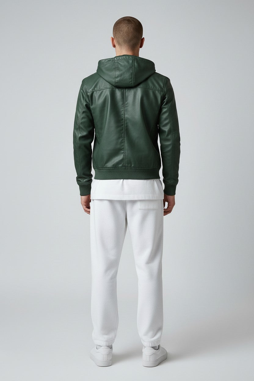 Scarlett Stitch forest green faux leather bomber jacket with attached hood, zip front, and ribbed cuffs and hem.