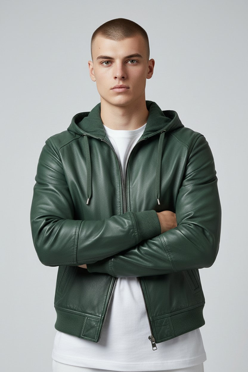Scarlett Stitch forest green faux leather hooded bomber jacket with zip-front, ribbed cuffs, and adjustable drawstrings.