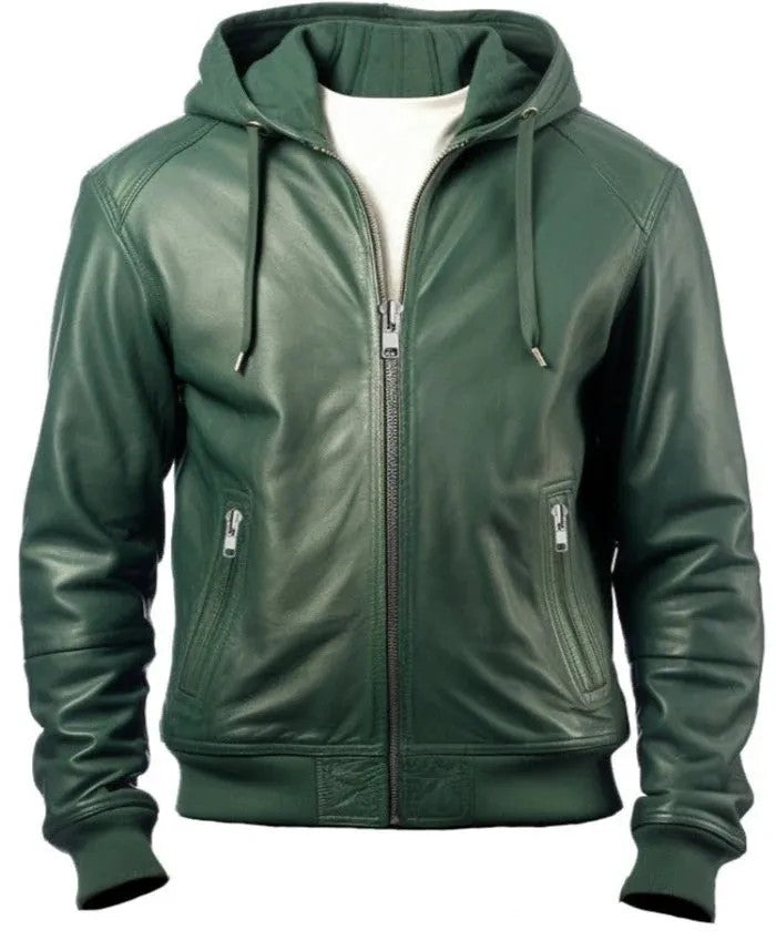 Scarlett Stitch forest green faux leather hooded bomber jacket with zip-front closure and ribbed cuffs.