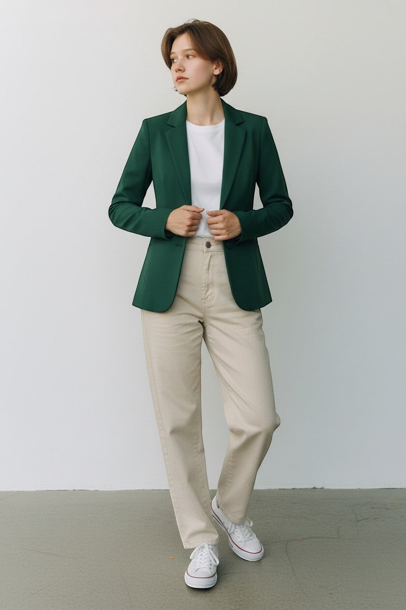 Scarlett Stitch women's forest green tailored blazer jacket with single-button closure and pockets, worn over a white t-shirt and beige pants.