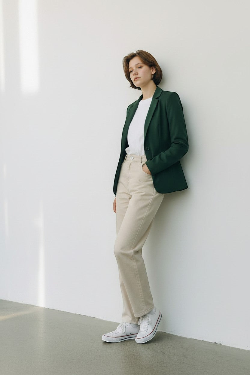 Scarlett Stitch women's deep forest green tailored blazer jacket with single-button closure and pockets.