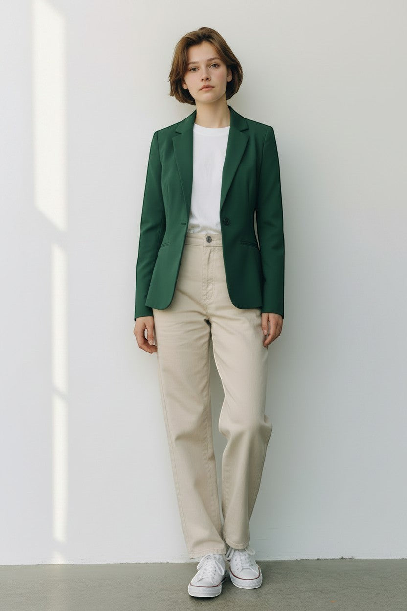 Scarlett Stitch women's deep forest green tailored blazer jacket with single-button closure and sharp lapels.