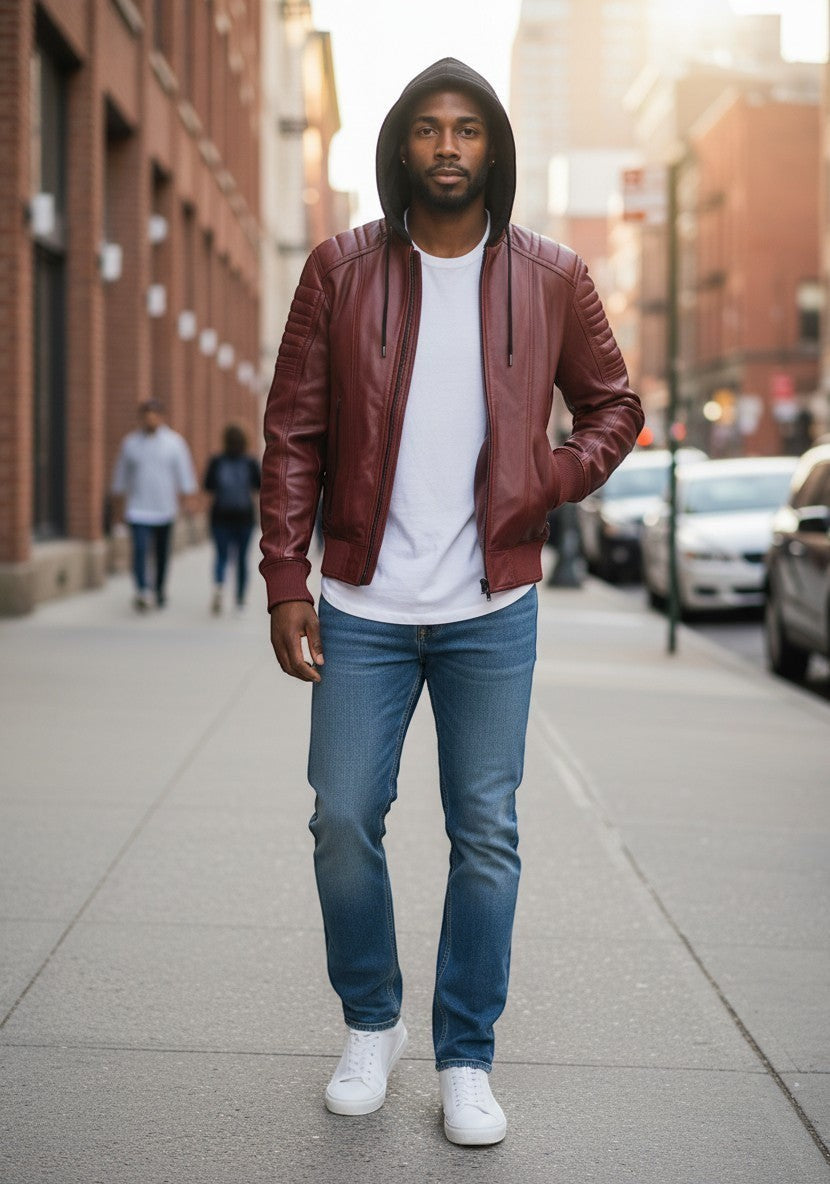 Scarlett Stitch men's burgundy leather hooded bomber jacket with quilted shoulders and zippered pockets.