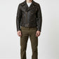 Scarlett Stitch dark brown leather biker jacket with contrast stitching, metal zippers, and waist belt on a model.