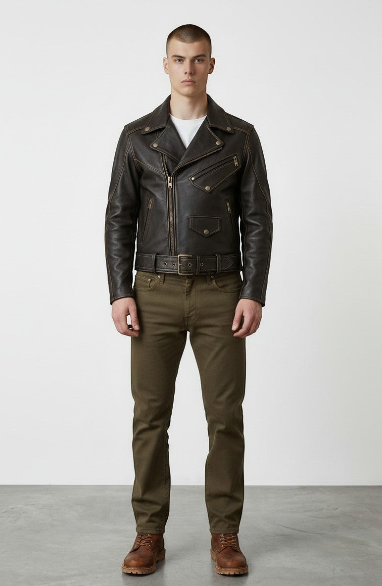 Scarlett Stitch dark brown leather biker jacket with contrast stitching, metal zippers, and waist belt on a model.