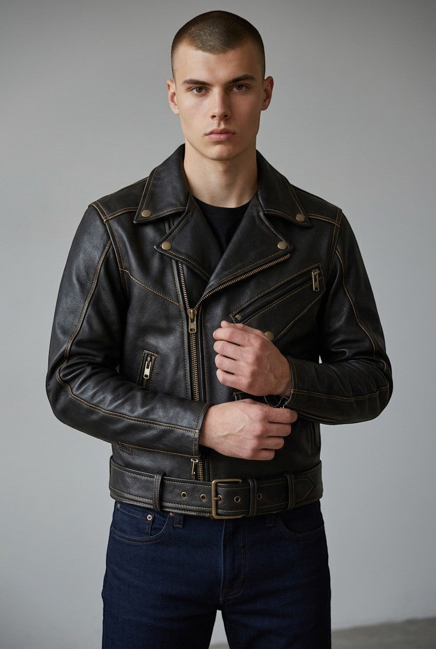 Scarlett Stitch dark brown leather biker jacket with contrast stitching, metal zippers, and waist belt on a model