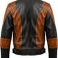 Scarlett Stitch men's leather motorcycle jacket in black and distressed brown with quilted shoulder and elbow panels.