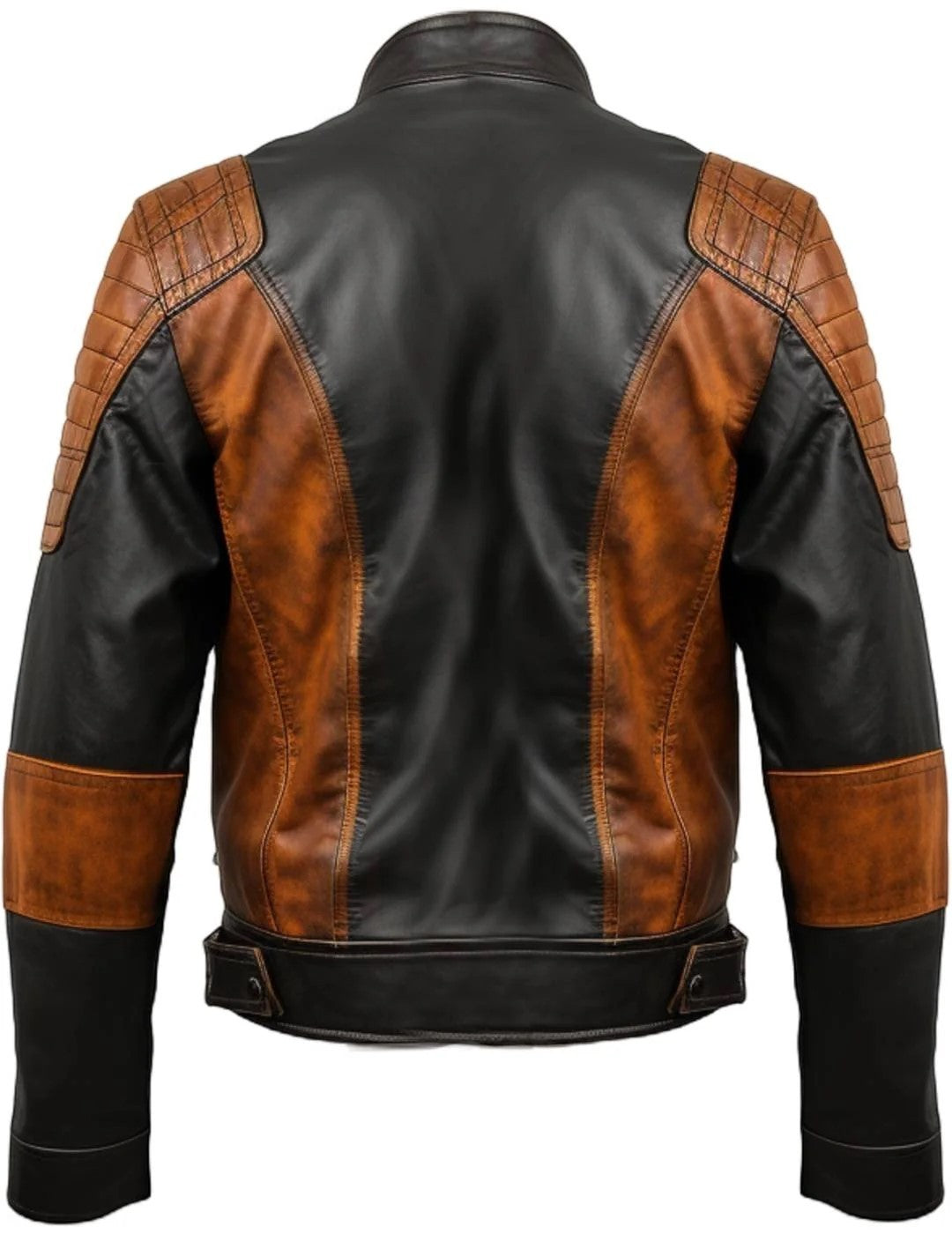 Scarlett Stitch men's leather motorcycle jacket in black and distressed brown with quilted shoulder and elbow panels.