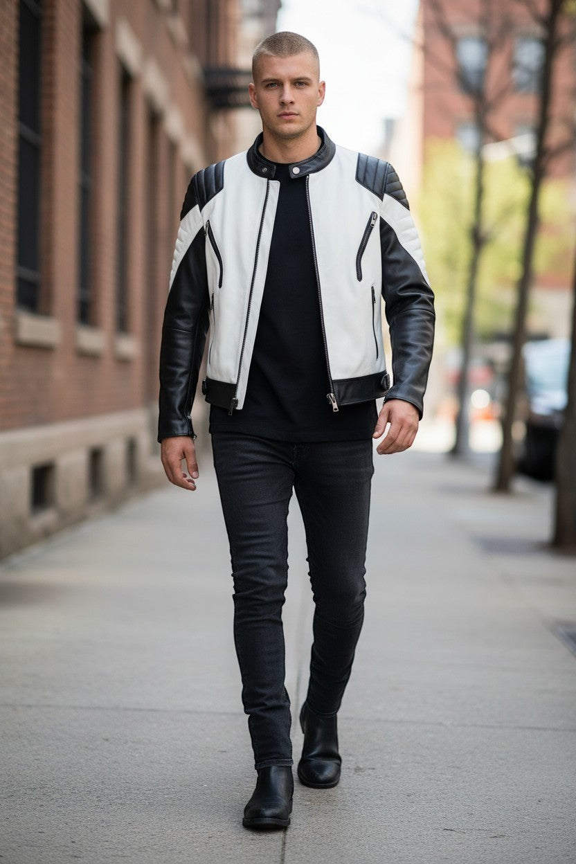 Scarlett Stitch men's black and white leather motorcycle jacket with quilted shoulders worn by a model on a city street