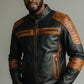 Scarlett Stitch men's two-tone black and distressed brown leather motorcycle jacket with quilted shoulder detailing.