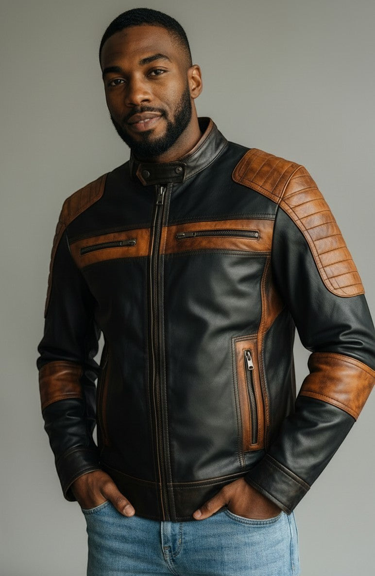 Scarlett Stitch men's two-tone black and distressed brown leather motorcycle jacket with quilted shoulder detailing.