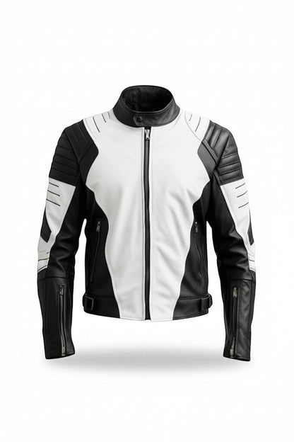 Scarlett Stitch men's black and white leather motorcycle jacket with quilted shoulder padding and mandarin collar.