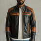 Scarlett Stitch men's two-tone black and brown leather motorcycle jacket with quilted shoulder and elbow detailing.