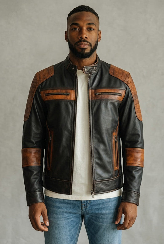 Scarlett Stitch men's two-tone black and brown leather motorcycle jacket with quilted shoulder and elbow detailing.
