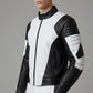 Scarlett Stitch men's black and white leather motorcycle jacket with quilted shoulder padding and mandarin collar.