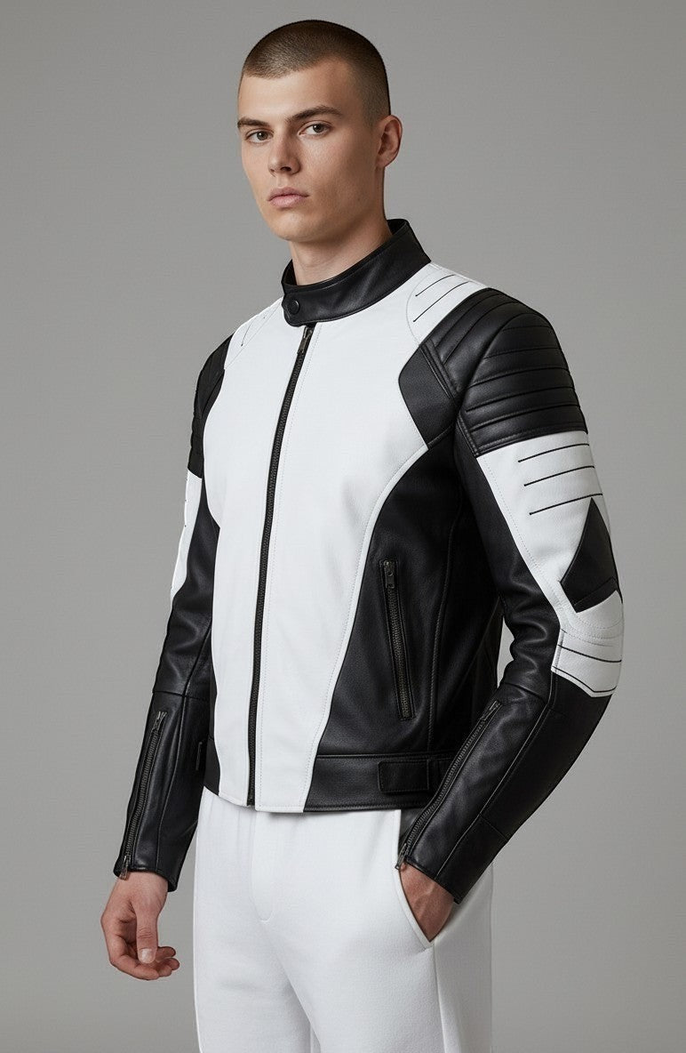 Scarlett Stitch men's black and white leather motorcycle jacket with quilted shoulder padding and mandarin collar.
